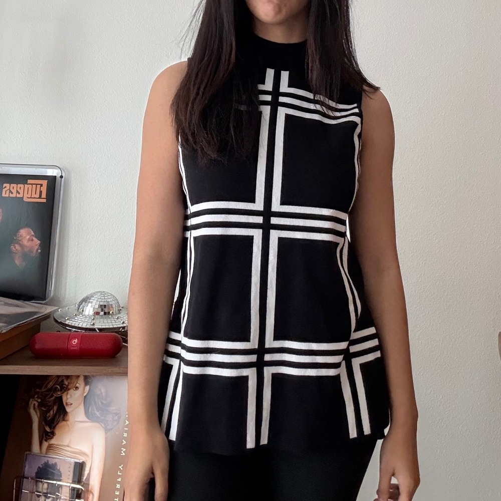 Alfani Womens Black White Geometric Grid Mock Neck Sleeveless Tunic Shell Size M